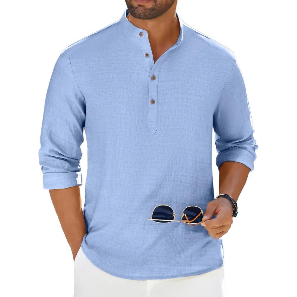 imageCOOFANDY Mens Casual Henley Shirt Long Sleeve Band Collar Shirts Summer Beach Hippie Button TShirtsBlue