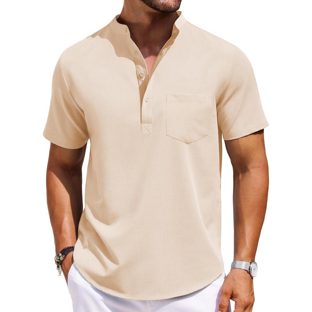 imageCOOFANDY Mens Casual Henley Shirts Band Collar Short Sleeve TShirts Summer Stylish Beach Hippie ShirtBeige