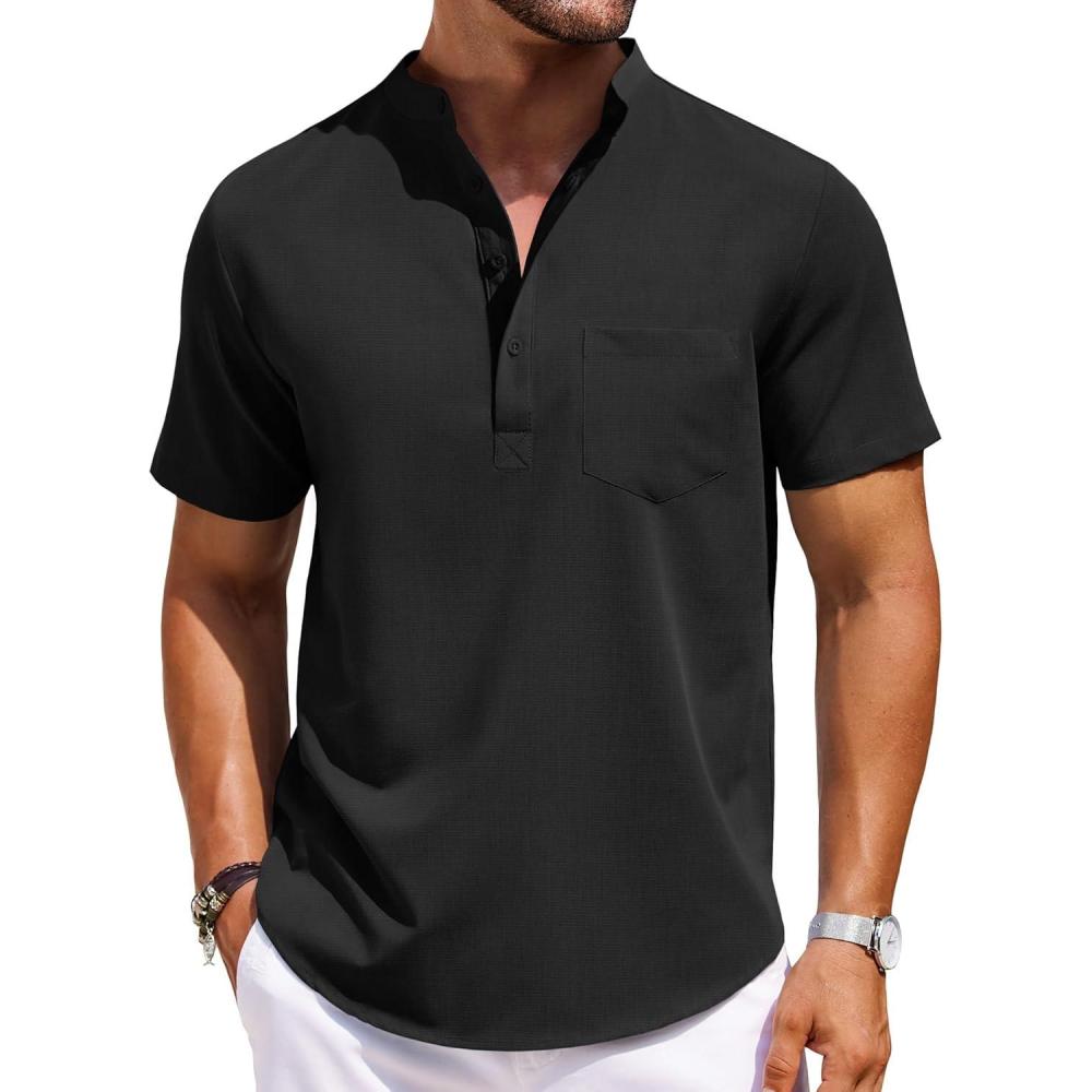 imageCOOFANDY Mens Casual Henley Shirts Band Collar Short Sleeve TShirts Summer Stylish Beach Hippie ShirtBlack Tees