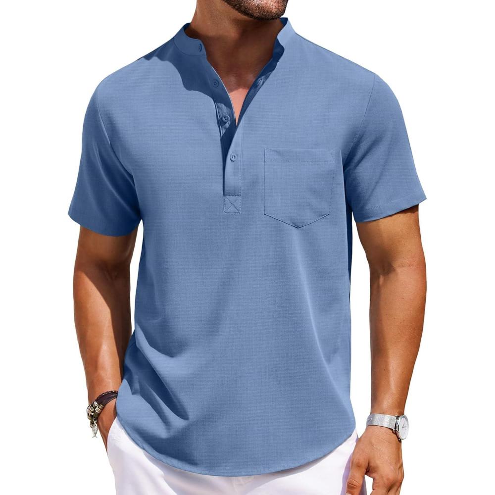 imageCOOFANDY Mens Casual Henley Shirts Band Collar Short Sleeve TShirts Summer Stylish Beach Hippie ShirtBlue