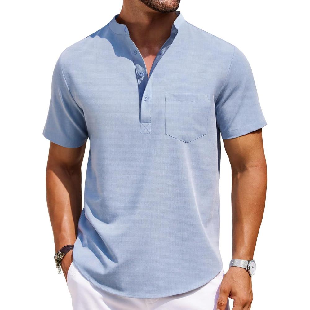 imageCOOFANDY Mens Casual Henley Shirts Band Collar Short Sleeve TShirts Summer Stylish Beach Hippie ShirtLight Blue