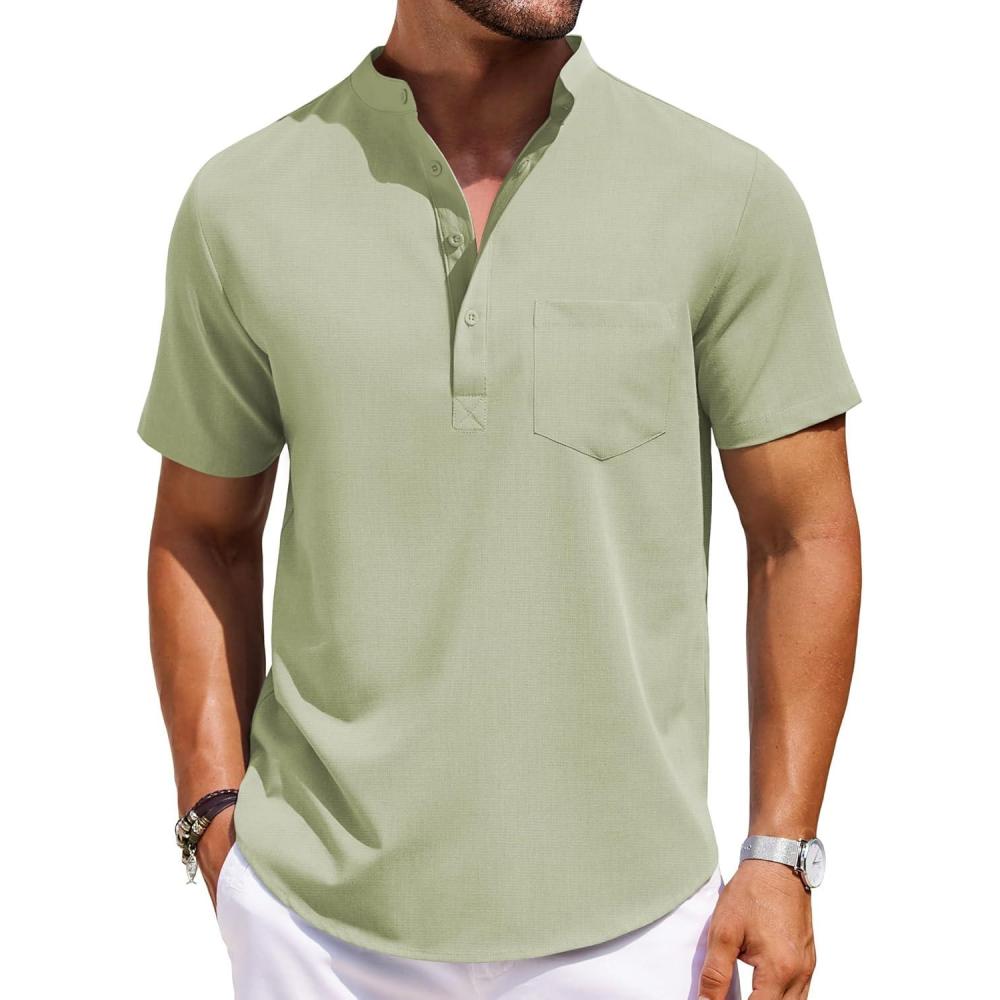 imageCOOFANDY Mens Casual Henley Shirts Band Collar Short Sleeve TShirts Summer Stylish Beach Hippie ShirtLight Green