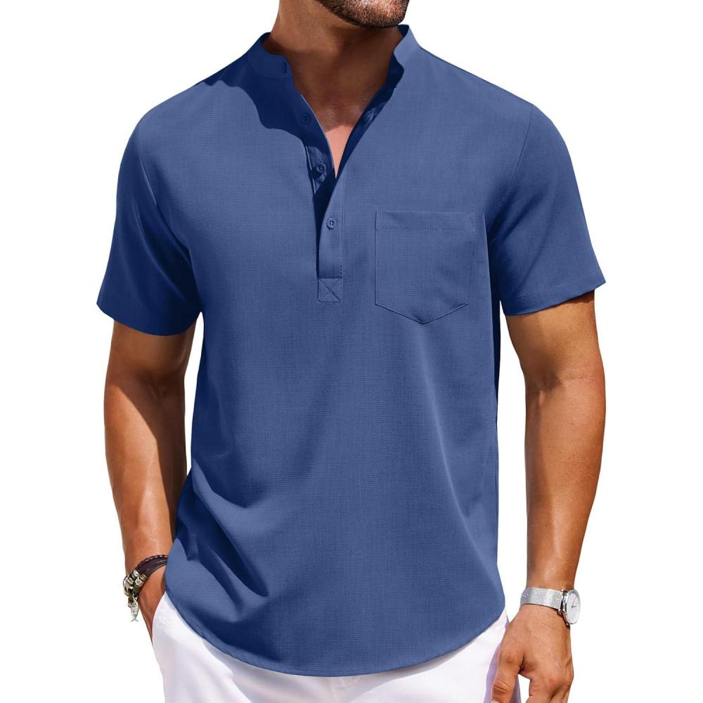 imageCOOFANDY Mens Casual Henley Shirts Band Collar Short Sleeve TShirts Summer Stylish Beach Hippie ShirtNavy Blue