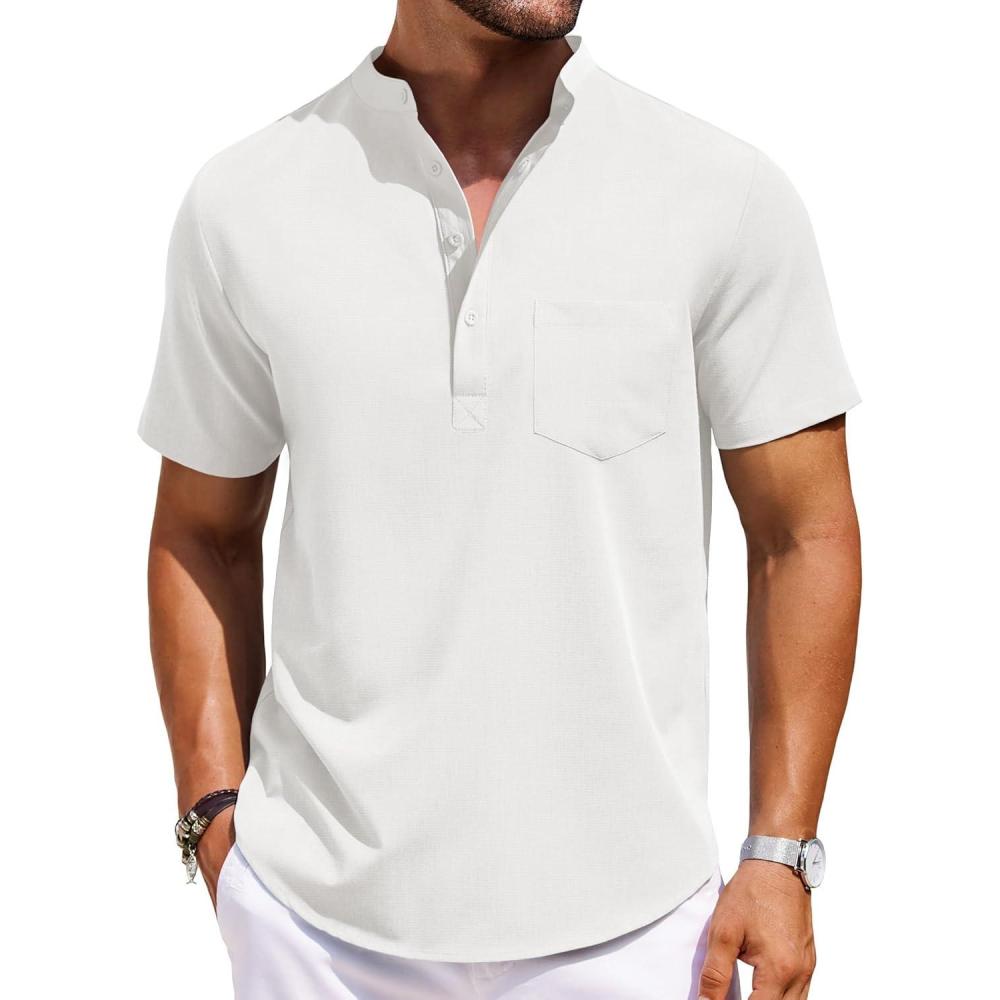 imageCOOFANDY Mens Casual Henley Shirts Band Collar Short Sleeve TShirts Summer Stylish Beach Hippie ShirtWhite