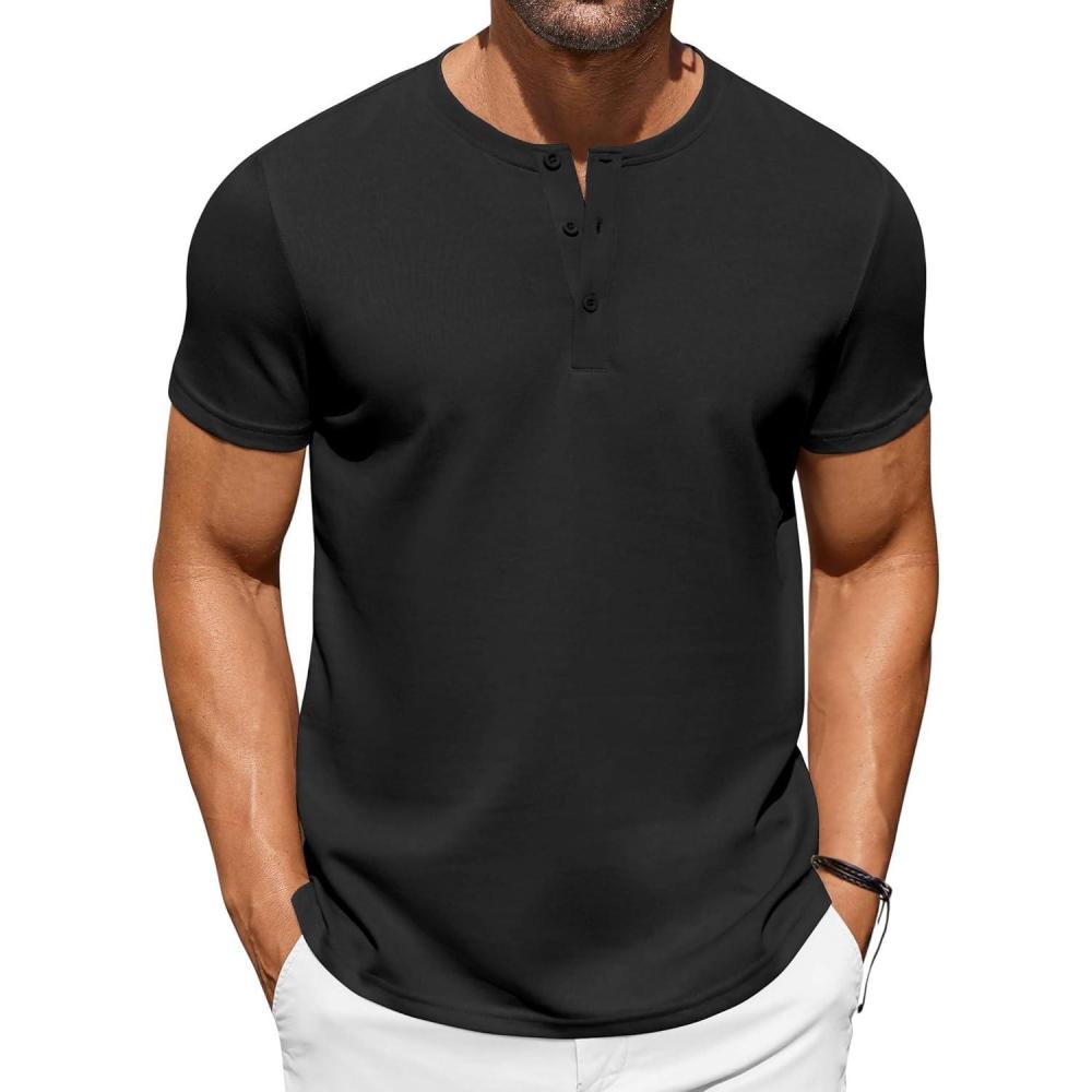 imageCOOFANDY Mens Casual Henley TShirts Summer Short Sleeve Cotton Shirts Basic Button Tee TopsBlack