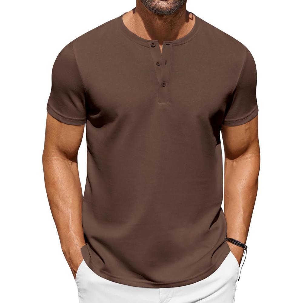 imageCOOFANDY Mens Casual Henley TShirts Summer Short Sleeve Cotton Shirts Basic Button Tee TopsBrown