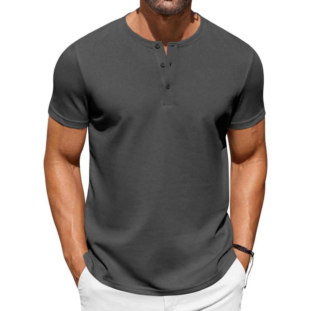 imageCOOFANDY Mens Casual Henley TShirts Summer Short Sleeve Cotton Shirts Basic Button Tee TopsDark Grey