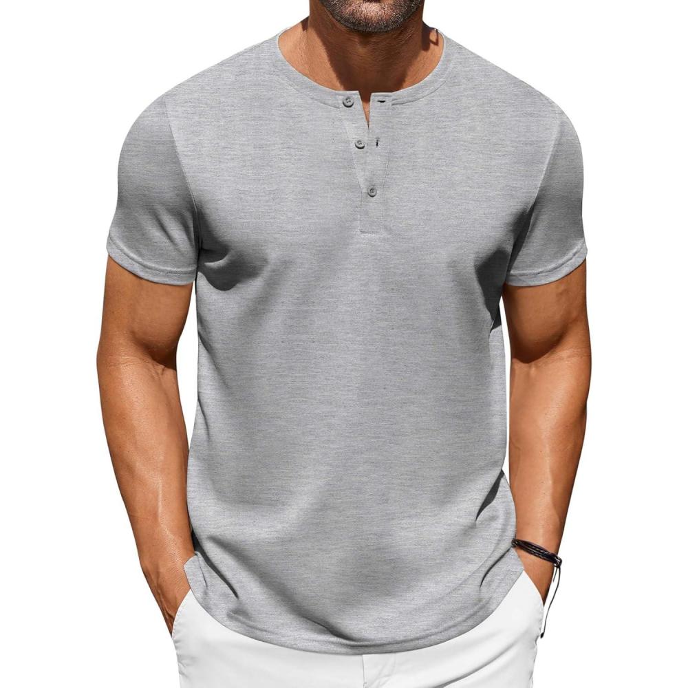 imageCOOFANDY Mens Casual Henley TShirts Summer Short Sleeve Cotton Shirts Basic Button Tee TopsGrey