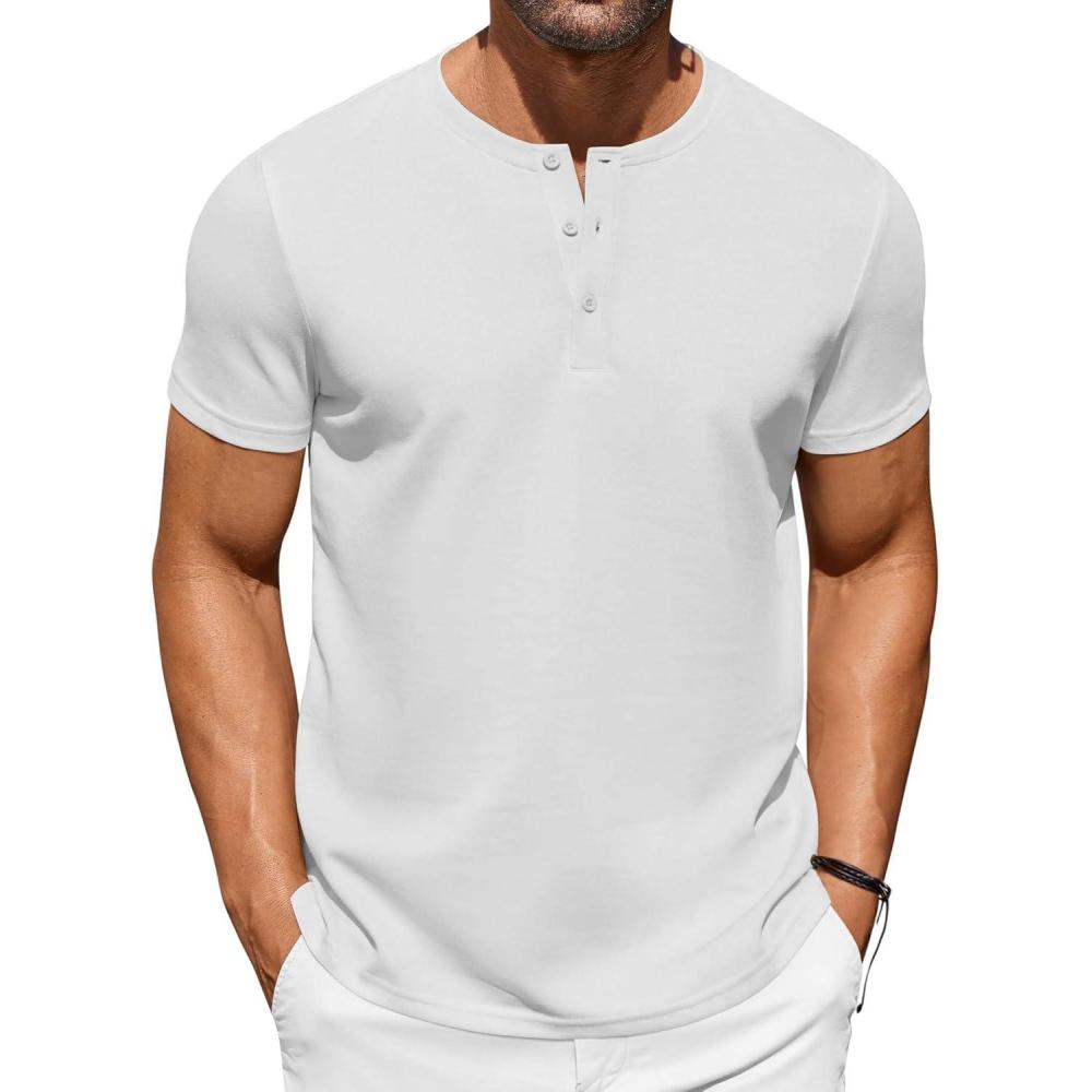 imageCOOFANDY Mens Casual Henley TShirts Summer Short Sleeve Cotton Shirts Basic Button Tee TopsWhite