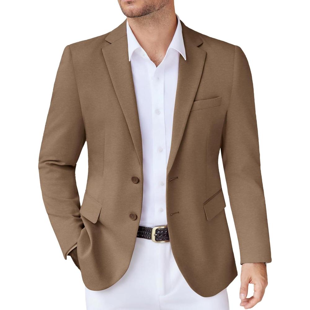 imageCOOFANDY Mens Casual Knit Blazer Stretch Slim Fit Sport Coat Two Button Lightweight Suit JacketsLight Brown