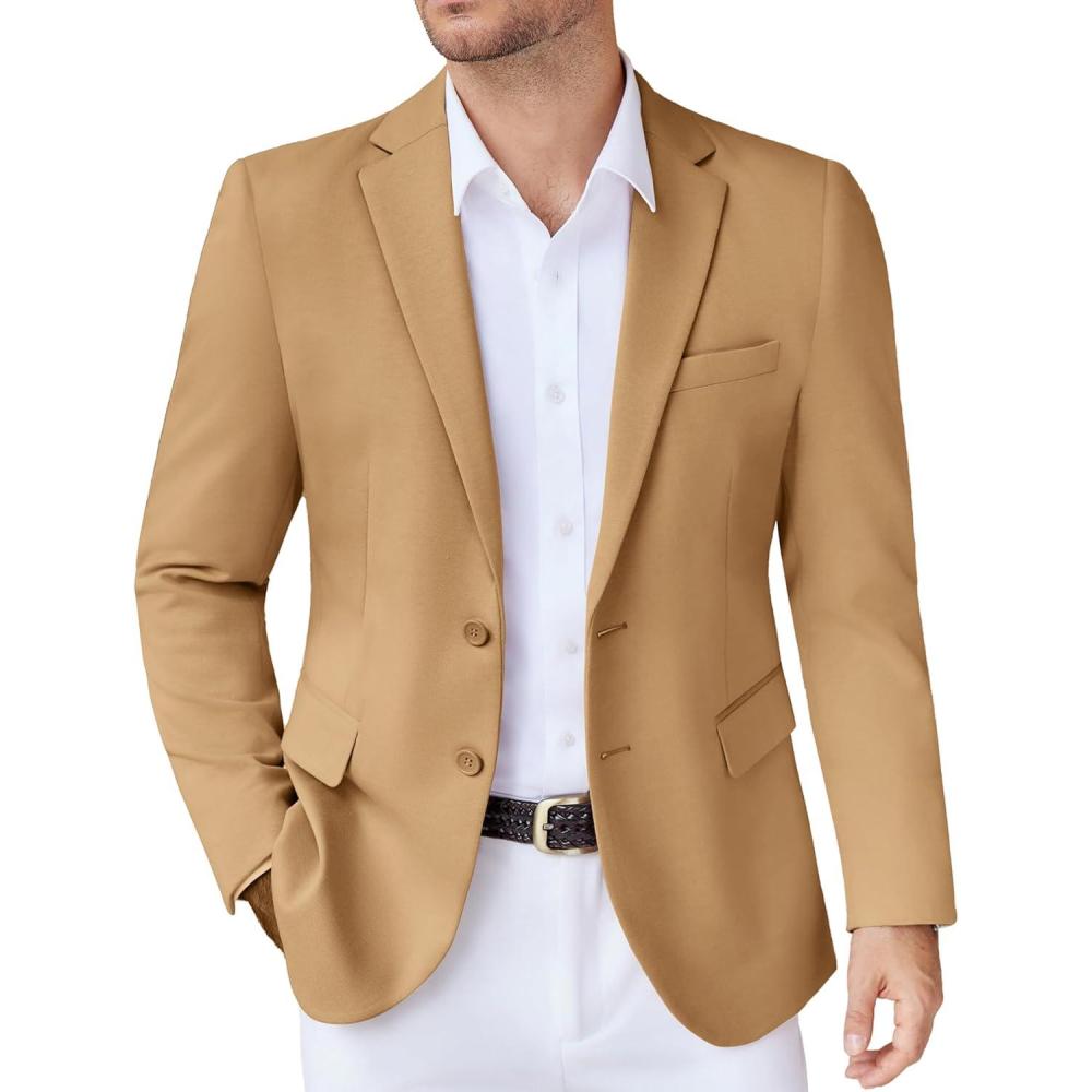 imageCOOFANDY Mens Casual Knit Blazer Stretch Slim Fit Sport Coat Two Button Lightweight Suit JacketsLight Tan