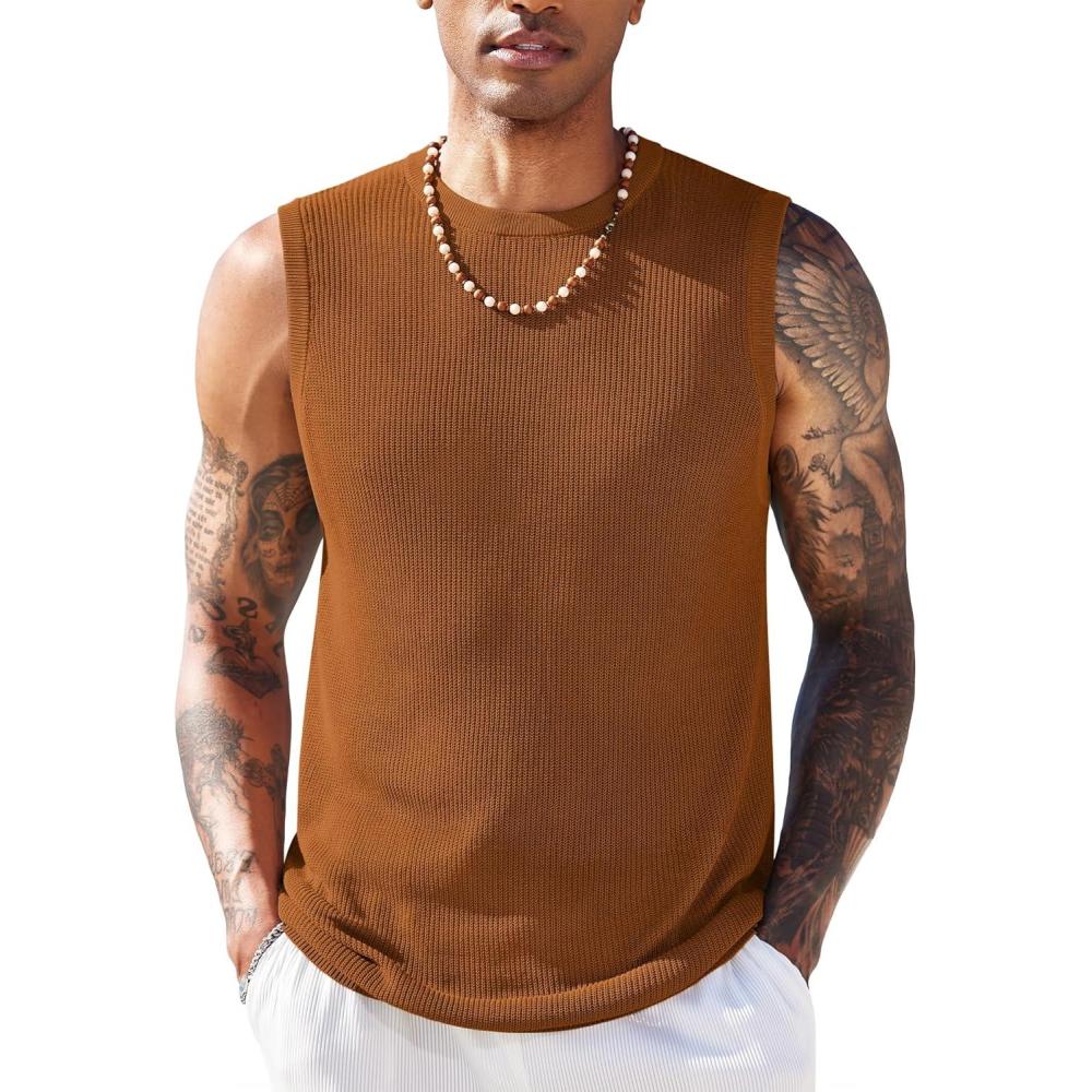 imageCOOFANDY Mens Casual Knitted Tank Tops Crew Neck Sleeveless Muscle T Shirts Summer Beach TopsBrown