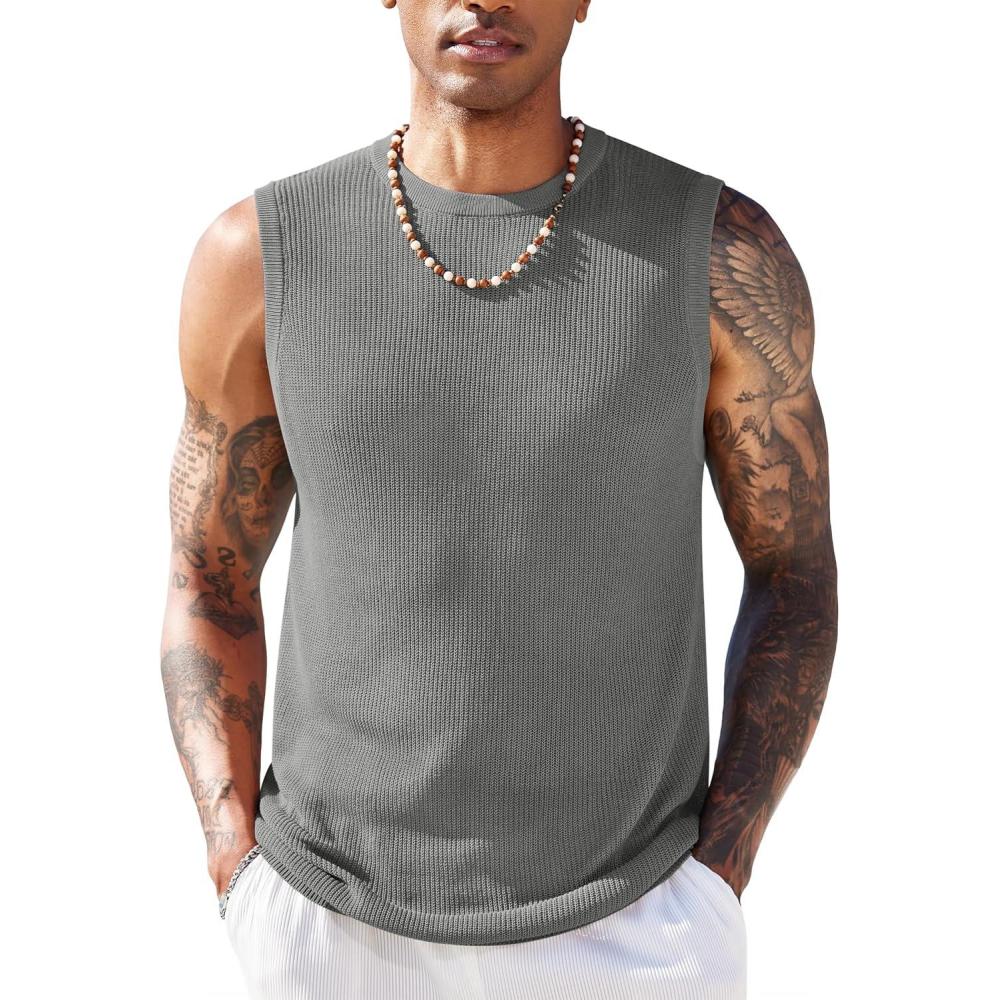 imageCOOFANDY Mens Casual Knitted Tank Tops Crew Neck Sleeveless Muscle T Shirts Summer Beach TopsGrey