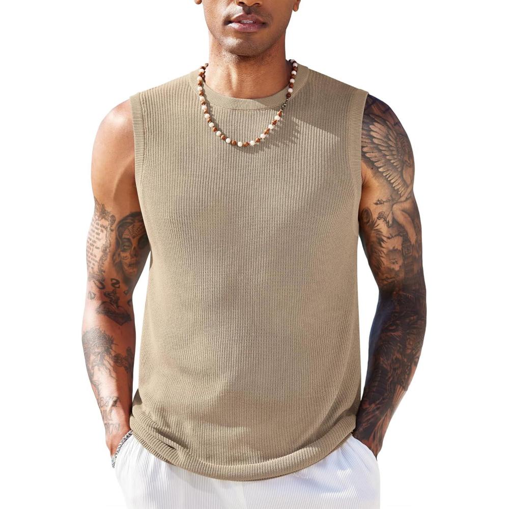imageCOOFANDY Mens Casual Knitted Tank Tops Crew Neck Sleeveless Muscle T Shirts Summer Beach TopsKhaki