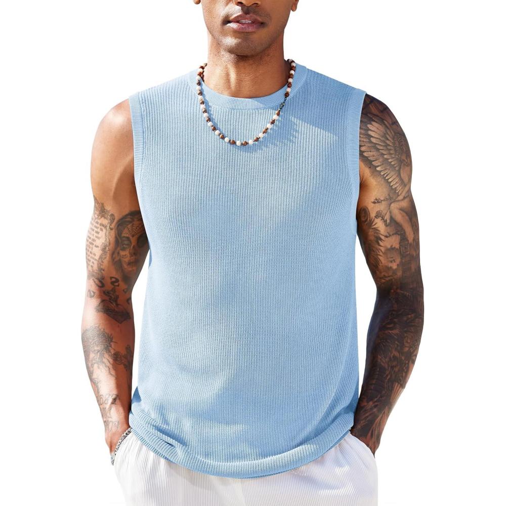 imageCOOFANDY Mens Casual Knitted Tank Tops Crew Neck Sleeveless Muscle T Shirts Summer Beach TopsLight Blue