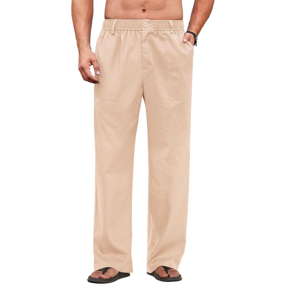 imageCOOFANDY Mens Casual Linen Cotton Pants Elastic Waist Summer Beach Trousers Lightweight Yoga Vacation PantsBeige