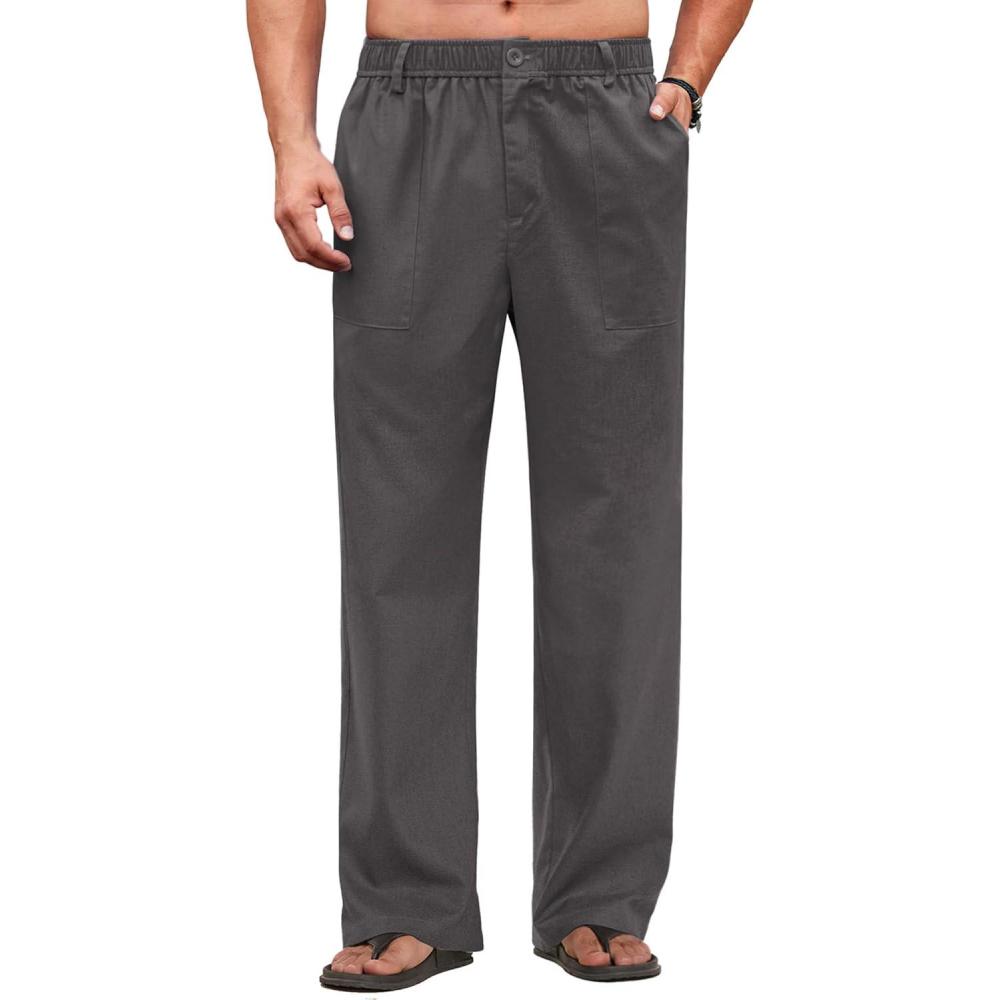 imageCOOFANDY Mens Casual Linen Cotton Pants Elastic Waist Summer Beach Trousers Lightweight Yoga Vacation PantsDeep Grey