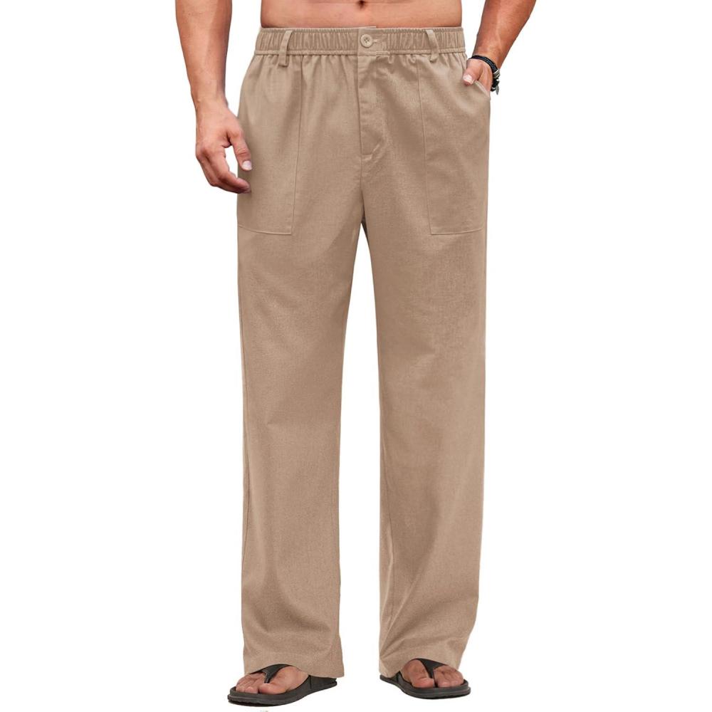 imageCOOFANDY Mens Casual Linen Cotton Pants Elastic Waist Summer Beach Trousers Lightweight Yoga Vacation PantsKhaki