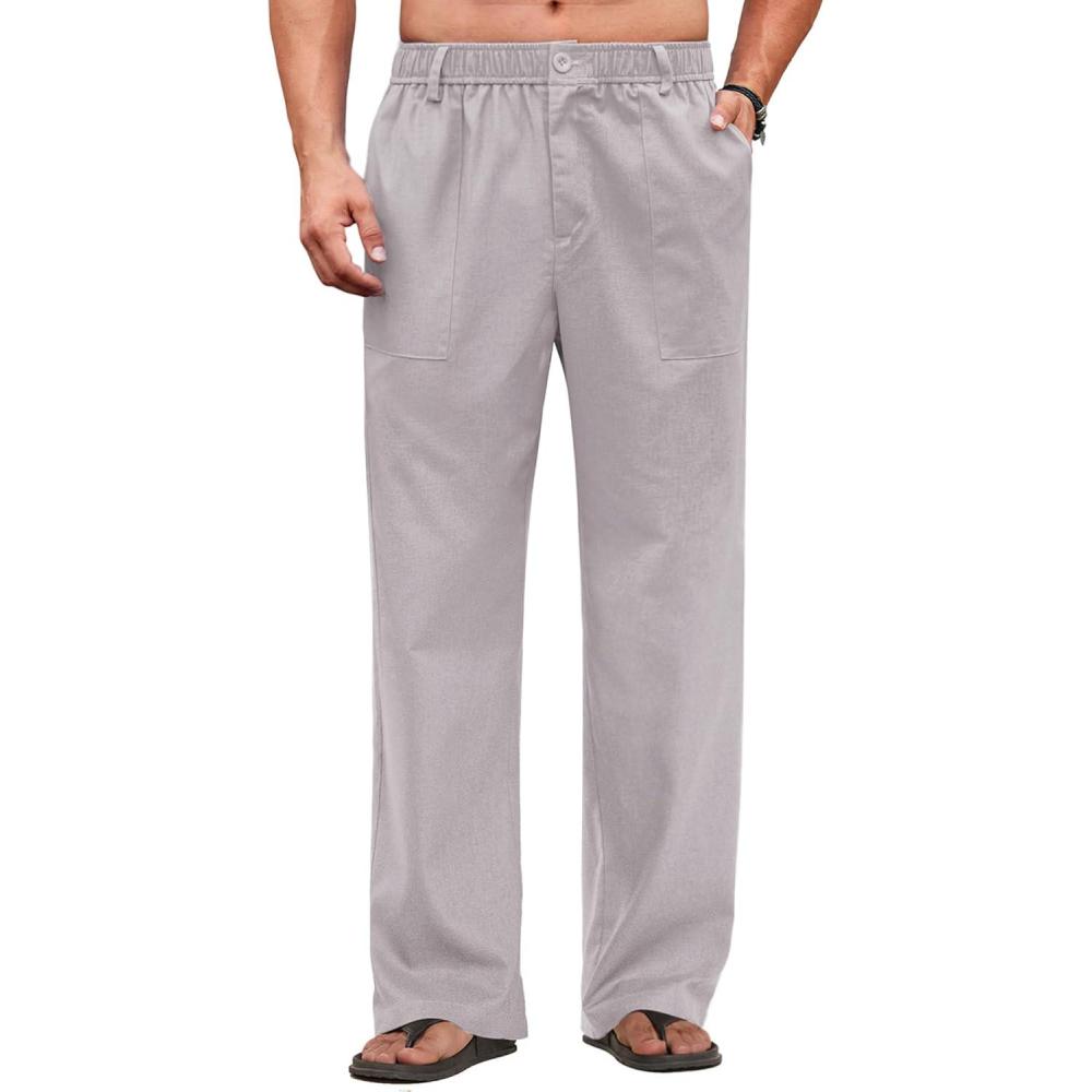 imageCOOFANDY Mens Casual Linen Cotton Pants Elastic Waist Summer Beach Trousers Lightweight Yoga Vacation PantsLight Grey