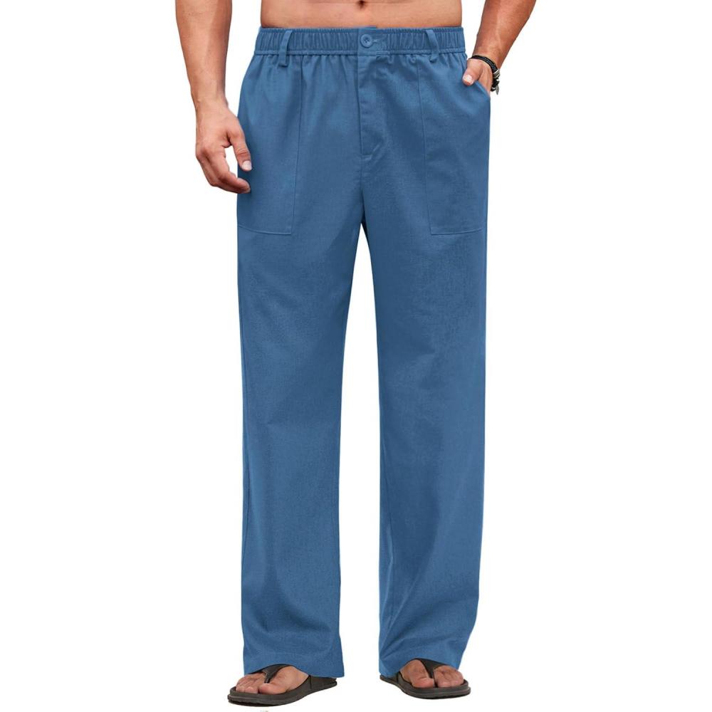 imageCOOFANDY Mens Casual Linen Cotton Pants Elastic Waist Summer Beach Trousers Lightweight Yoga Vacation PantsMarine Blue