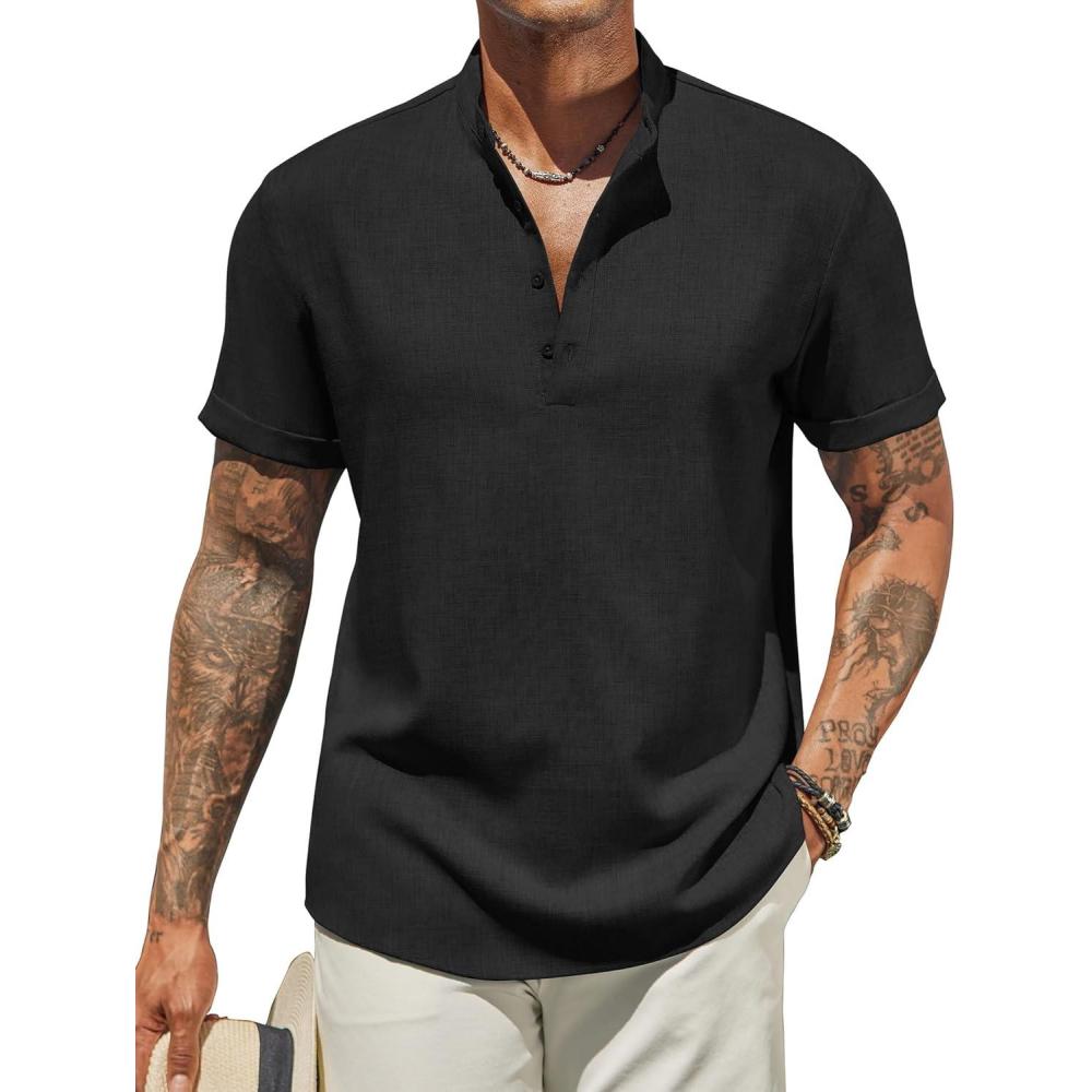imageCOOFANDY Mens Casual Linen Henley Shirts Short Sleeve Band Collar Summer Beach Vacation TShirtsBlack