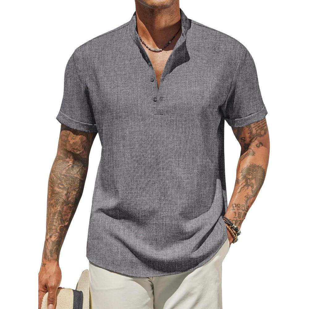 imageCOOFANDY Mens Casual Linen Henley Shirts Short Sleeve Band Collar Summer Beach Vacation TShirtsDark Grey