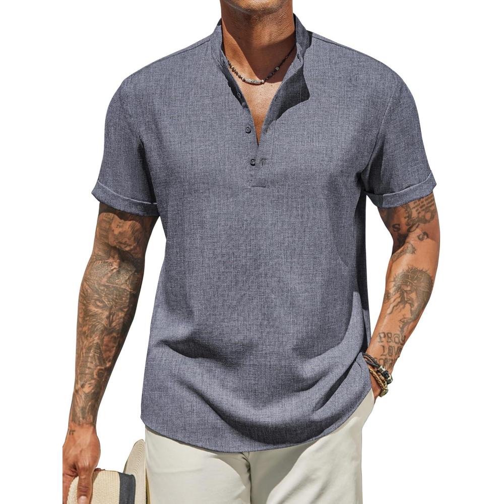 imageCOOFANDY Mens Casual Linen Henley Shirts Short Sleeve Band Collar Summer Beach Vacation TShirtsDark Heather Blue