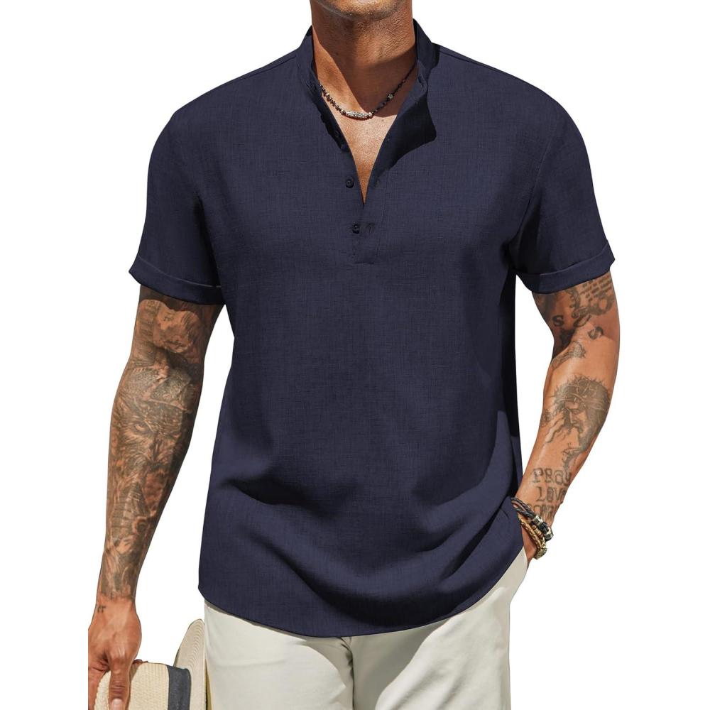 imageCOOFANDY Mens Casual Linen Henley Shirts Short Sleeve Band Collar Summer Beach Vacation TShirtsNavy Blue