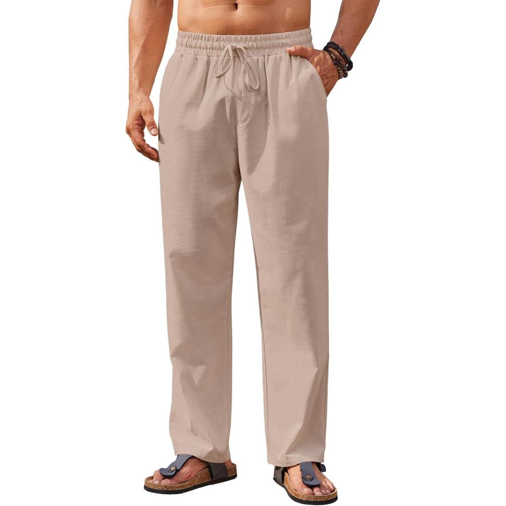 imageCOOFANDY Mens Casual Linen Pants Loose Fit Elastic Waist Drawstring Lightweight Pant Summer Beach TrousersKhaki