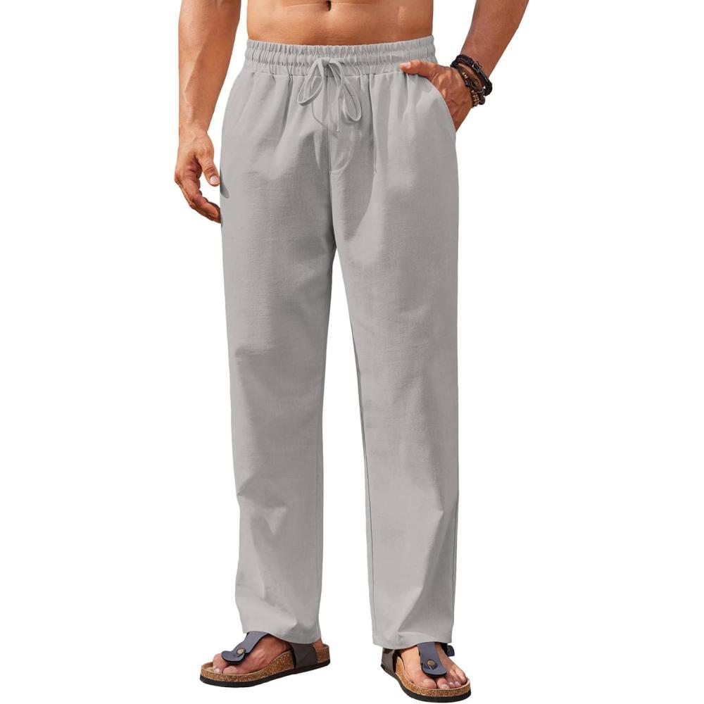 imageCOOFANDY Mens Casual Linen Pants Loose Fit Elastic Waist Drawstring Lightweight Pant Summer Beach TrousersLight Grey