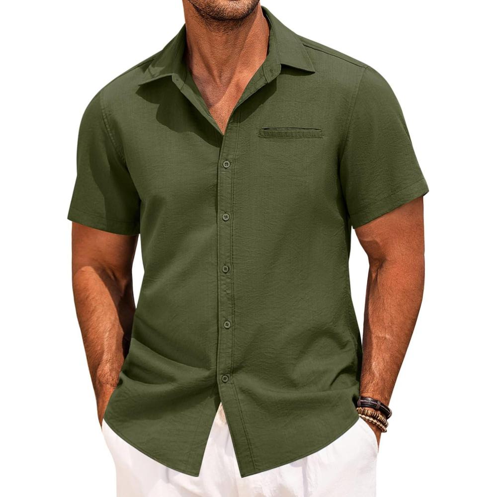 imageCOOFANDY Mens Casual Linen Shirt Short Sleeve Button Down Shirt Summer Beach Hawaiian ShirtsArmy Green