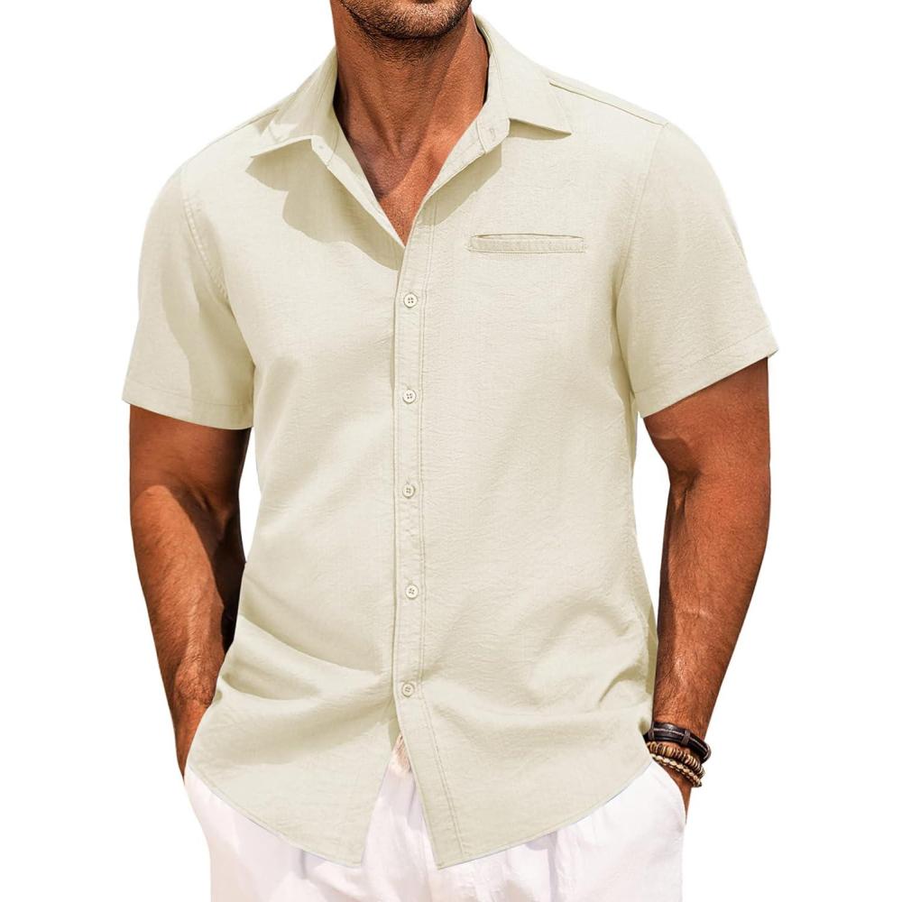 imageCOOFANDY Mens Casual Linen Shirt Short Sleeve Button Down Shirt Summer Beach Hawaiian ShirtsBeige