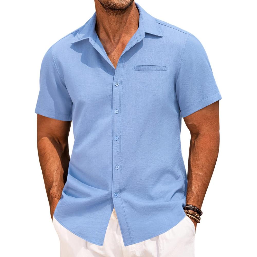 imageCOOFANDY Mens Casual Linen Shirt Short Sleeve Button Down Shirt Summer Beach Hawaiian ShirtsBlue