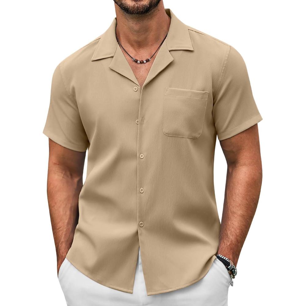 imageCOOFANDY Mens Casual Linen Shirt Short Sleeve Button Down Shirt Summer Beach Hawaiian ShirtsKhaki
