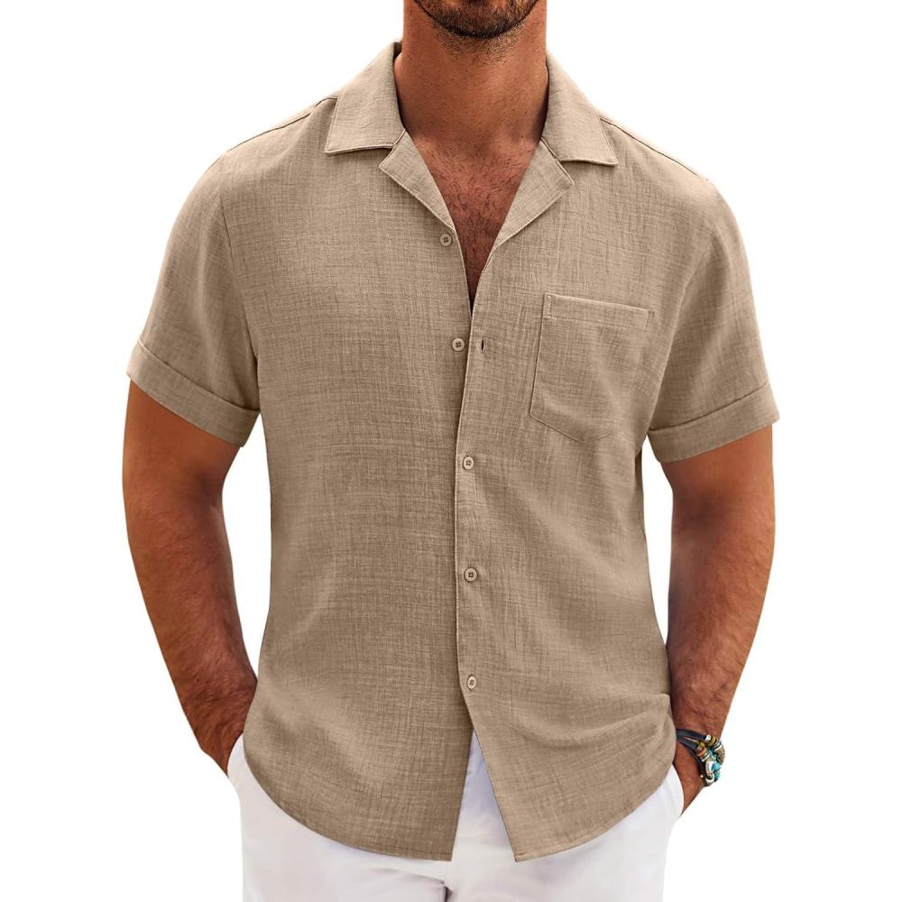 imageCOOFANDY Mens Casual Linen Shirt Short Sleeve Button Down Shirt Summer Beach Hawaiian ShirtsKhaki