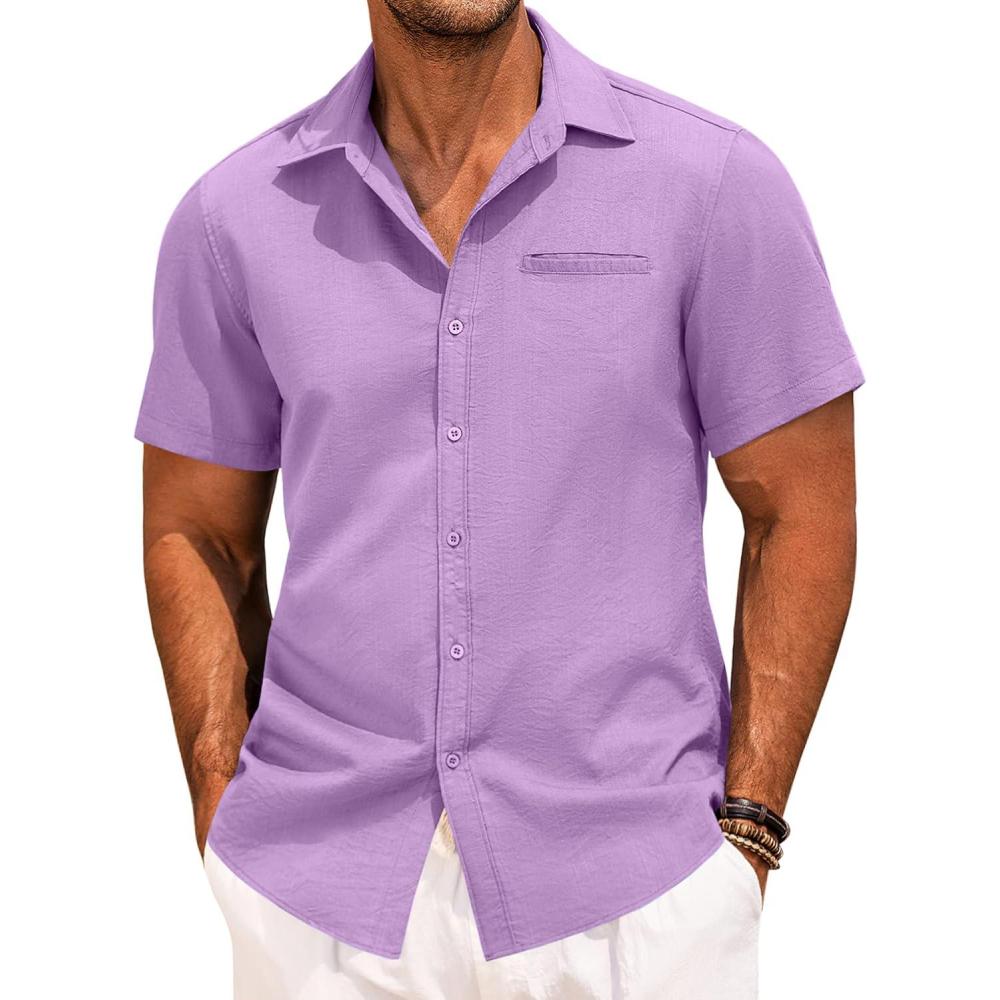 imageCOOFANDY Mens Casual Linen Shirt Short Sleeve Button Down Shirt Summer Beach Hawaiian ShirtsLight Purple