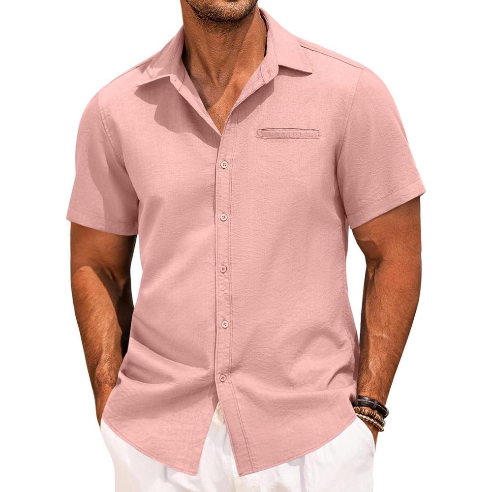 imageCOOFANDY Mens Casual Linen Shirt Short Sleeve Button Down Shirt Summer Beach Hawaiian ShirtsPink