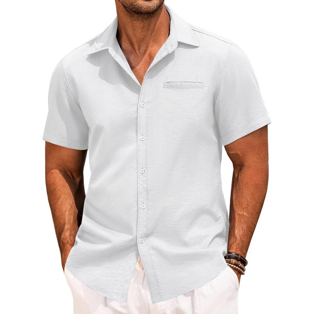 imageCOOFANDY Mens Casual Linen Shirt Short Sleeve Button Down Shirt Summer Beach Hawaiian ShirtsWhite
