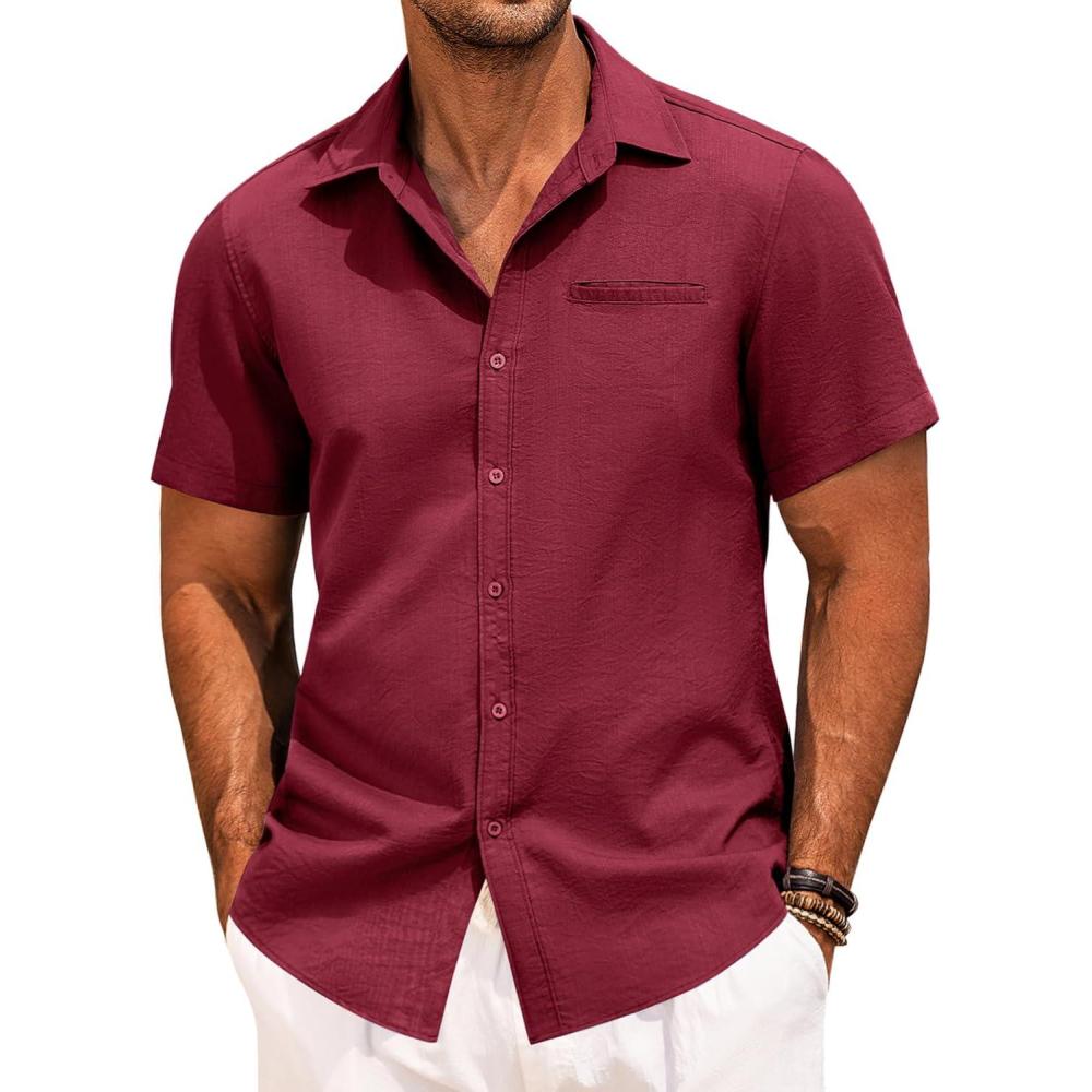 imageCOOFANDY Mens Casual Linen Shirt Short Sleeve Button Down Shirt Summer Beach Hawaiian ShirtsWine Red