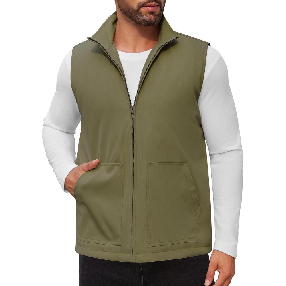 imageCOOFANDY Mens Casual Outerwear Vest Lightweight Zip Up Sleeveless Jacket Outdoor Work Hiking Travel Golf Vest with PocketsArmy Green