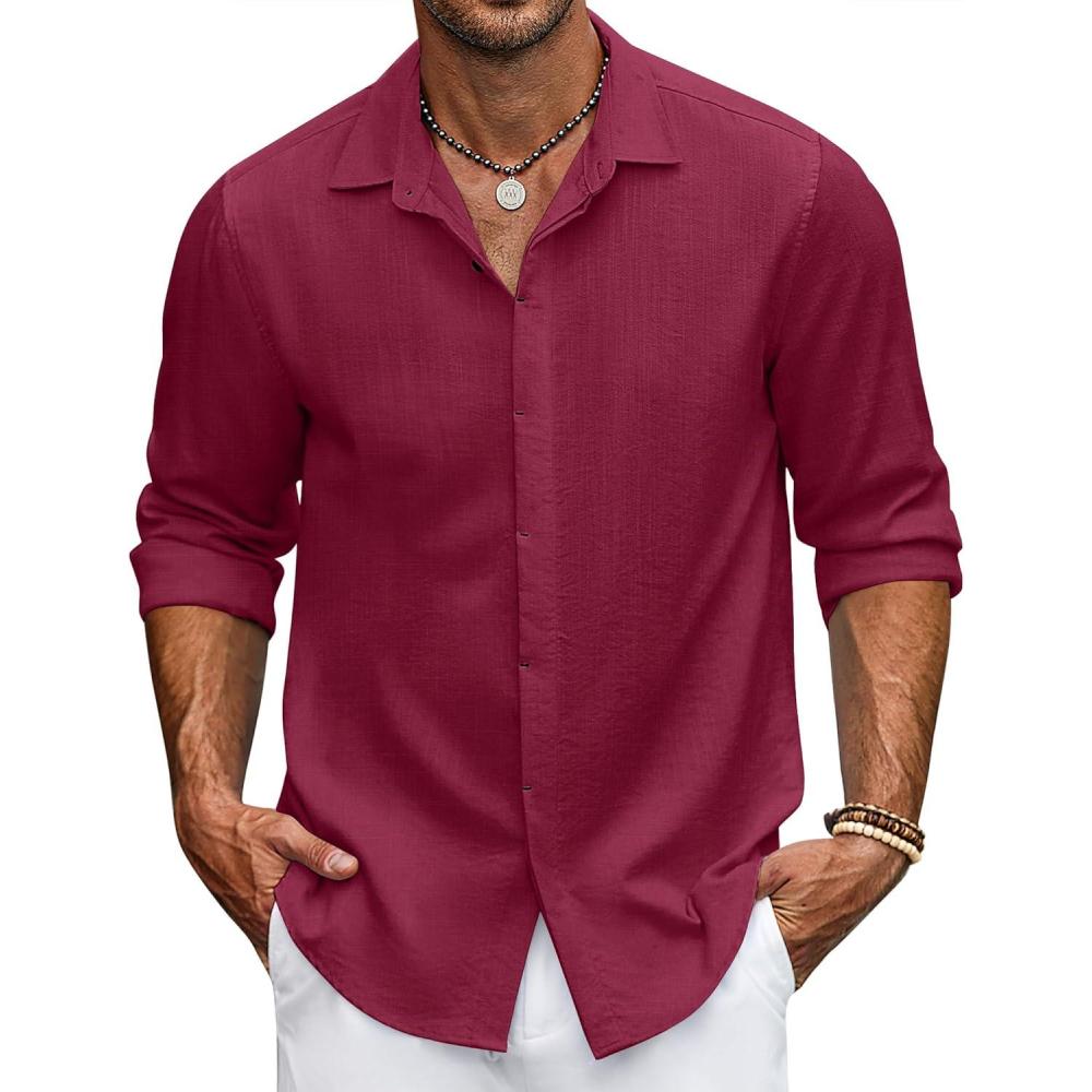 imageCOOFANDY Mens Casual Shirt Long Sleeve Casual Button Down Shirt for Men Summer Beach Wedding ShirtBurgundy