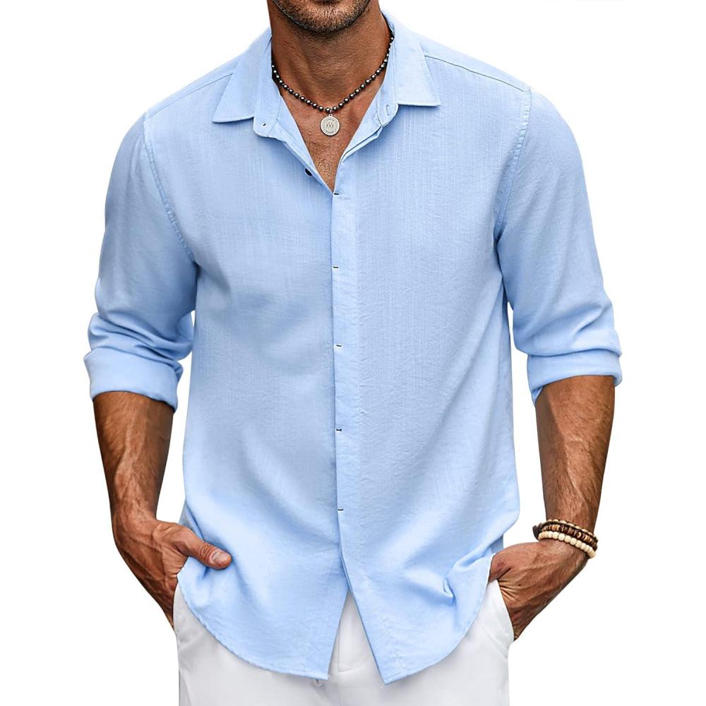imageCOOFANDY Mens Casual Shirt Long Sleeve Casual Button Down Shirt for Men Summer Beach Wedding ShirtClear Blue