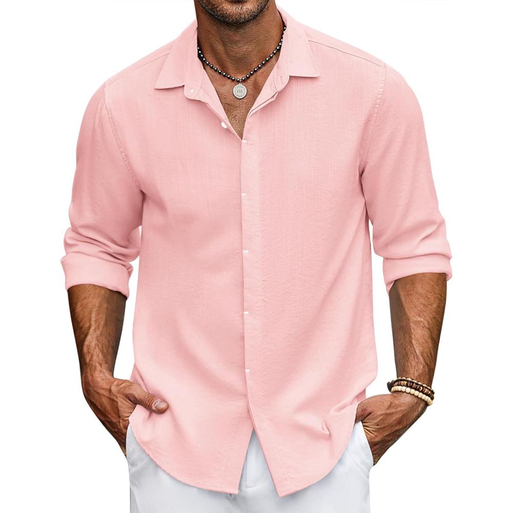 imageCOOFANDY Mens Casual Shirt Long Sleeve Casual Button Down Shirt for Men Summer Beach Wedding ShirtLight Pink