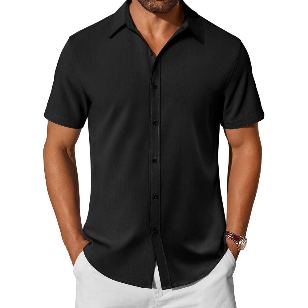 imageCOOFANDY Mens Casual Shirts Short Sleeve Button Down Shirt Wrinkle Free Summer ShirtBlack