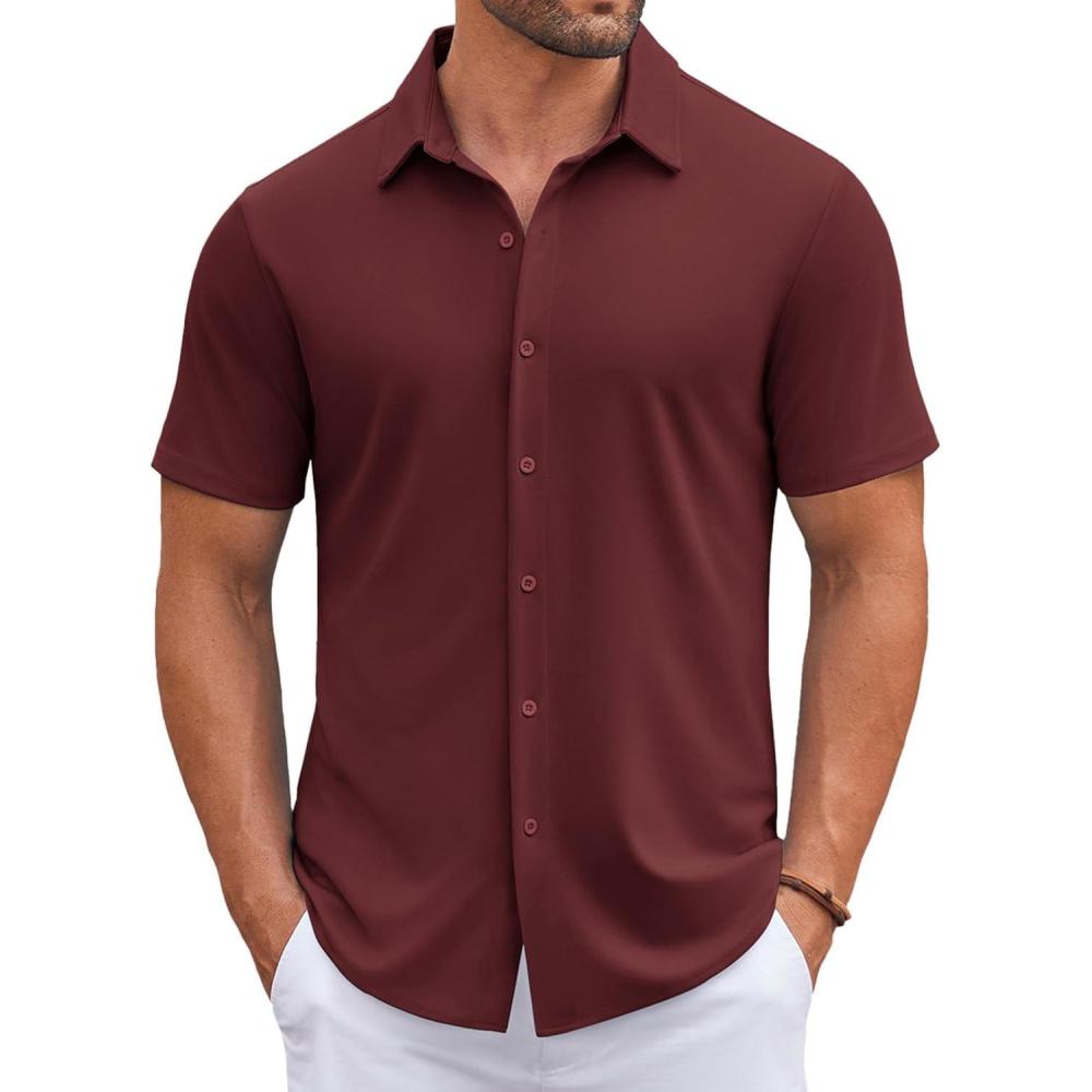 imageCOOFANDY Mens Casual Shirts Short Sleeve Button Down Shirt Wrinkle Free Summer ShirtDarck Red
