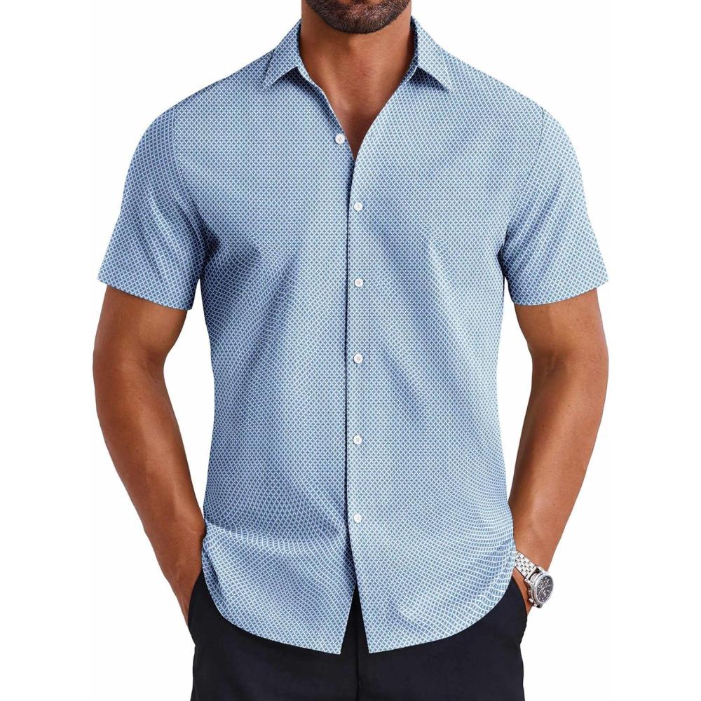 imageCOOFANDY Mens Casual Shirts Short Sleeve Button Down Shirt Wrinkle Free Summer ShirtGeometric Blue