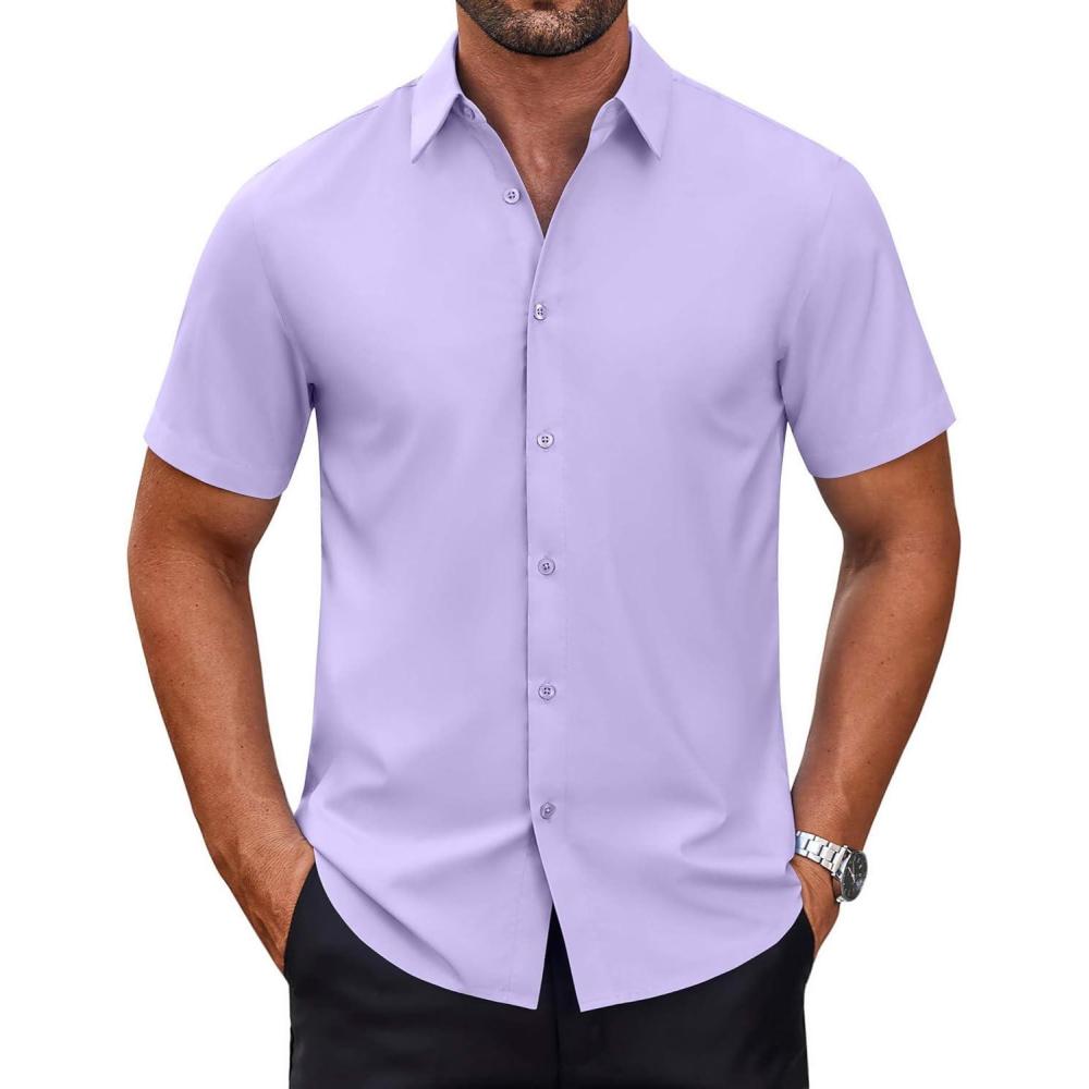 imageCOOFANDY Mens Casual Shirts Short Sleeve Button Down Shirt Wrinkle Free Summer ShirtLavender