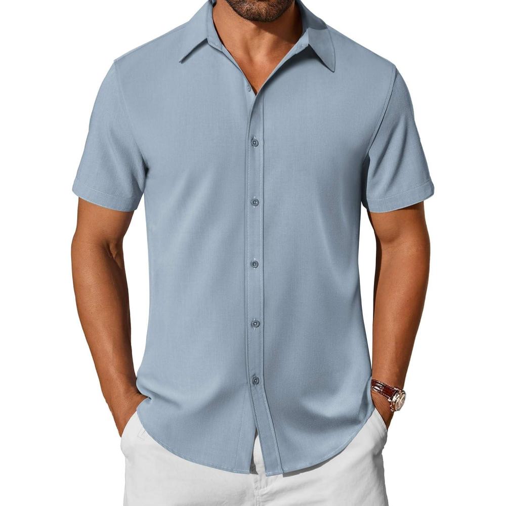 imageCOOFANDY Mens Casual Shirts Short Sleeve Button Down Shirt Wrinkle Free Summer ShirtLight Blue
