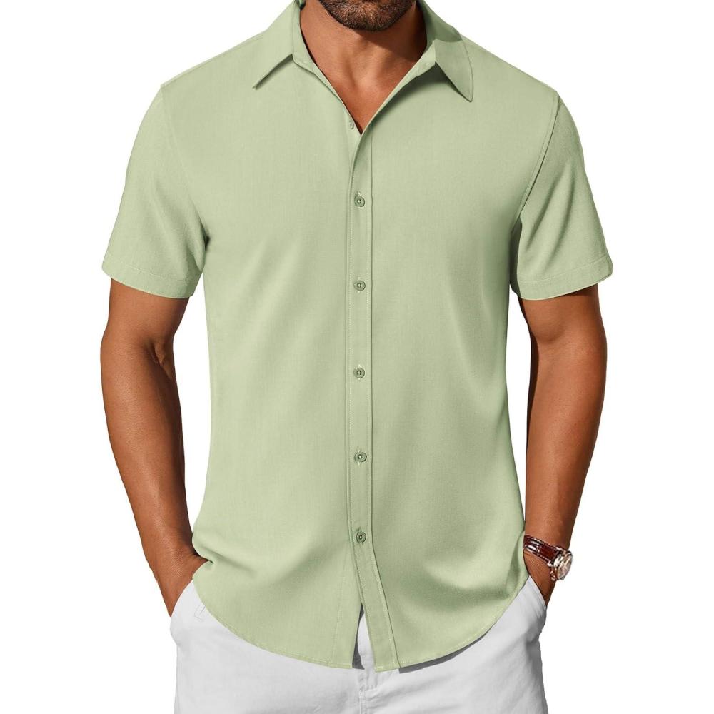 imageCOOFANDY Mens Casual Shirts Short Sleeve Button Down Shirt Wrinkle Free Summer ShirtLight Green