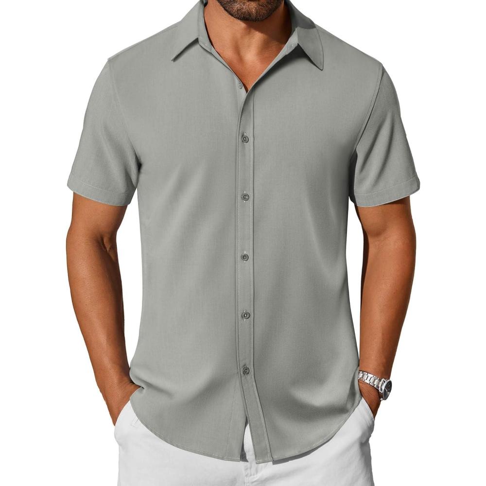imageCOOFANDY Mens Casual Shirts Short Sleeve Button Down Shirt Wrinkle Free Summer ShirtLight Grey